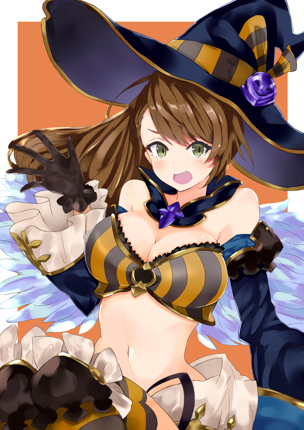 1girl bare_shoulders beatrix_(granblue_fantasy) breasts brown_hair cleavage collar detached_sleeves frilled_sleeves frills gloves granblue_fantasy green_eyes halloween hat highres long_hair looking_at_viewer medium_breasts navel open_mouth ponytail witch_hat work2