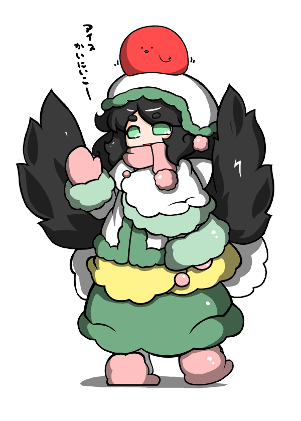 ._. 1girl alternate_costume alternate_headwear animal animal_on_head bird bird_on_head bird_wings black_hair black_wings cape edowan eyebrows_visible_through_hair fur-trimmed_coat fur-trimmed_sleeves fur_coat green_eyes green_skirt hat mittens open_mouth pink_scarf pink_slippers reiuji_utsuho scarf scarf_over_mouth skirt slippers touhou waving white_background wings winter_clothes