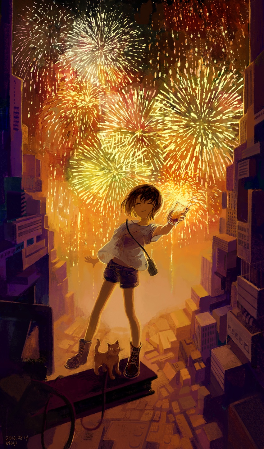 1girl aerial_fireworks brown_hair building cable canteen cat city cityscape closed_eyes construction cup denim denim_shorts drinking_glass fireworks glass highres holding holding_cup i-beam leaning leaning_back loose_shirt maij night night_sky original outdoors scenery shirt shoes short_hair shorts sky skyscraper smile sneakers solo spilling standing t-shirt toast_(gesture) wire