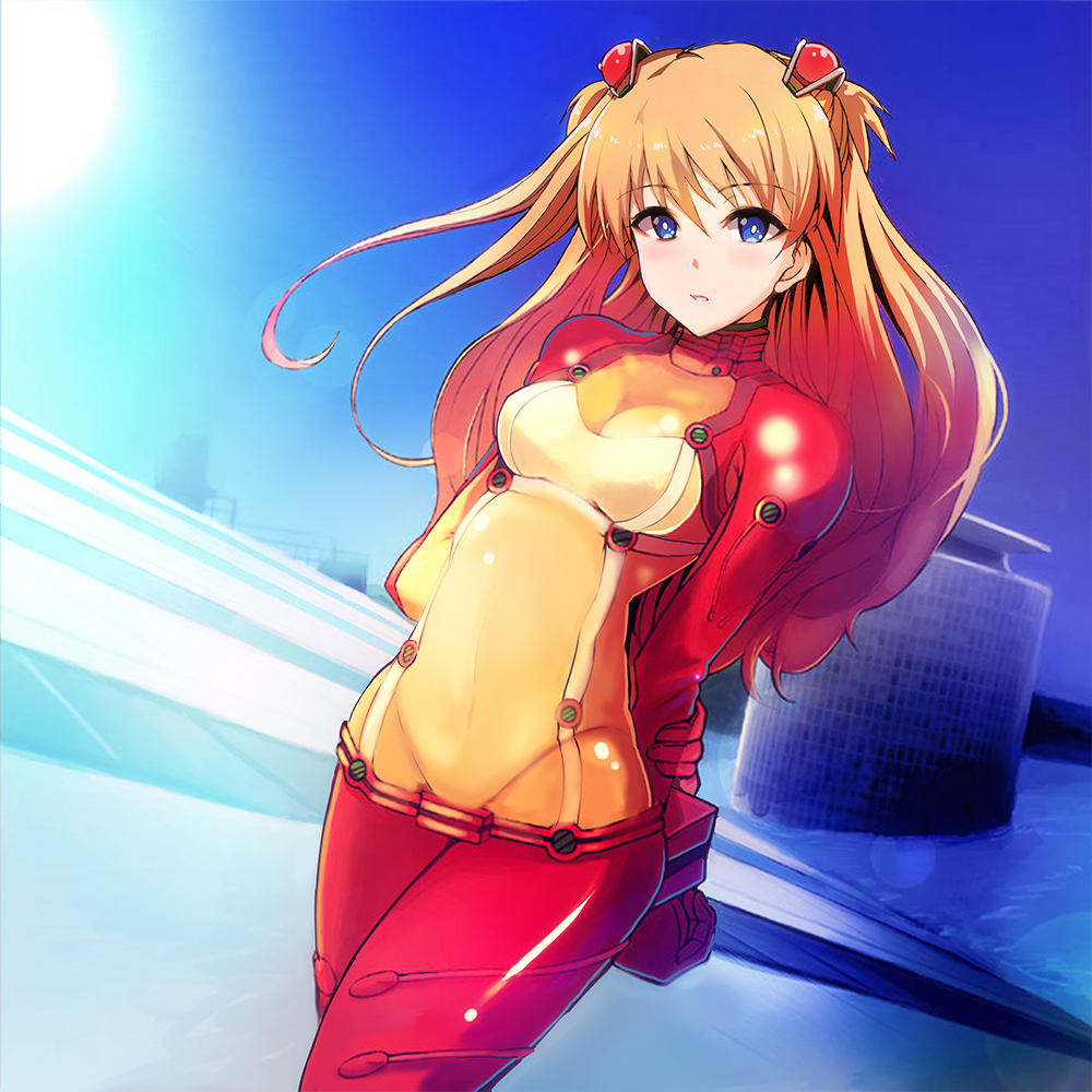 1girl amari_yuki arms_behind_back bangs blue_eyes blue_sky blush bodysuit bracer breasts cowboy_shot day evangelion:_2.0_you_can_(not)_advance gloves hair_between_eyes hair_ornament hairpods headgear hips holding_arm lens_flare long_hair looking_at_viewer medium_breasts multicolored_bodysuit neon_genesis_evangelion orange_hair outdoors parted_lips pilot_suit plugsuit rebuild_of_evangelion red_bodysuit see-through shiny shiny_clothes sky solo souryuu_asuka_langley standing sun sunlight test_plugsuit turtleneck twintails two_side_up