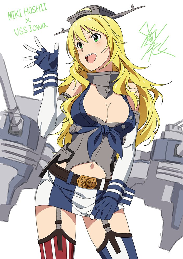 1girl ahoge american_flag_legwear belt belt_buckle blonde_hair blush breasts buckle cannon character_name cleavage contrapposto cosplay cowboy_shot elbow_gloves eyebrows_visible_through_hair fingerless_gloves front-tie_top garter_straps gloves green_eyes hair_between_eyes hand_up headgear holding_skirt hoshii_miki idolmaster iowa_(kantai_collection) iowa_(kantai_collection)_(cosplay) kantai_collection large_breasts long_hair miniskirt mismatched_legwear navel open_mouth signature simple_background skirt smile solo striped striped_legwear striped_skirt taku1122 text thigh-highs vertical-striped_legwear vertical_stripes waving white_background zettai_ryouiki