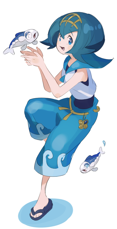 1girl baggy_pants blue_eyes blue_hair capri_pants fish hairband looking_at_viewer npc npc_trainer pants pokemon pokemon_(creature) pokemon_(game) pokemon_sm sandals short_hair sila_taki simple_background sleeveless smile solo suiren_(pokemon) swimsuit trial_captain white_background wishiwashi