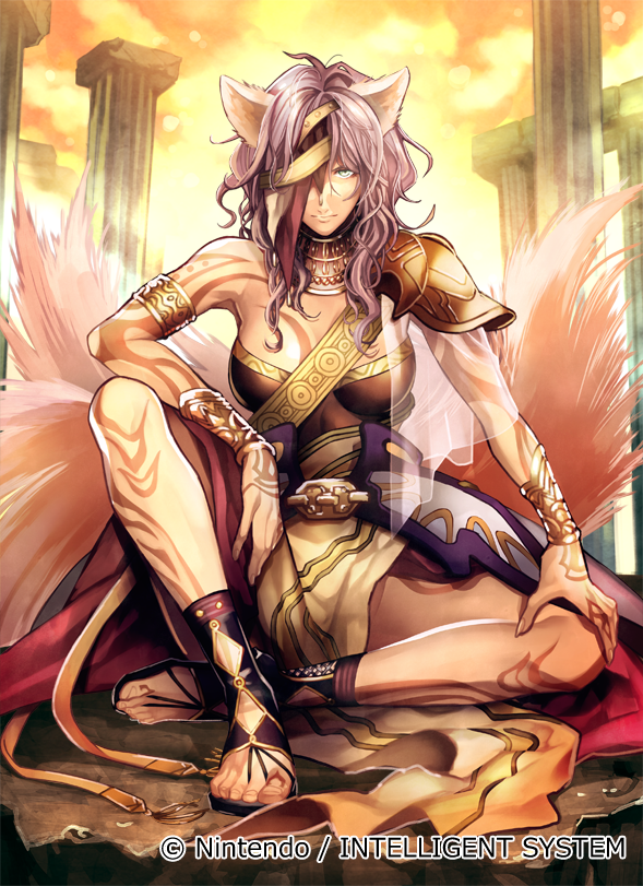1girl animal_ears arm_guards armlet armor company_connection copyright_name eyepatch fire_emblem fire_emblem:_akatsuki_no_megami fire_emblem_cipher long_hair looking_at_viewer nagahama_megumi nailah official_art outdoors purple_hair sandals serious shoulder_armor sitting solo sunset tail tattoo toeless_socks wolf_ears wolf_tail