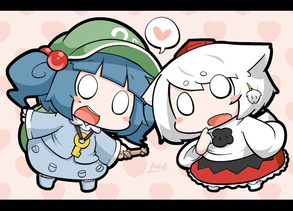 2girls animal_ears blue_hair blush_stickers bone fang hair_bobbles hair_ornament hat heart heart_background heart_pattern inubashiri_momiji inunoko. kawashiro_nitori key_necklace multiple_girls o_o open_mouth short_hair signature skirt smile spoken_heart tail tokin_hat touhou white_hair wolf_ears wolf_tail