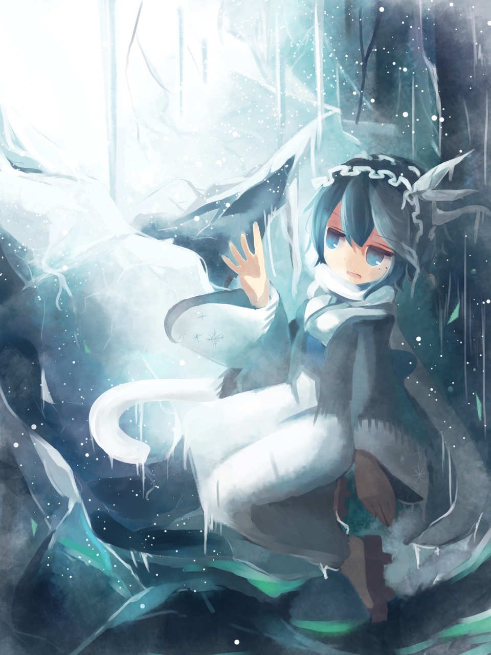 1girl androgynous backlighting bangs blue_eyes blue_hair cave eyebrows_visible_through_hair frills from_side full_body geta hair_between_eyes hairband hand_up haori head_tilt highres ice icicle japanese_clothes jitome kimono light lolita_hairband long_sleeves looking_away mole mole_under_eye no_legwear open_mouth original rock sash scarf short_hair snow snowflake_print snowing solo sunlight ti_owo white_scarf wide_sleeves winter