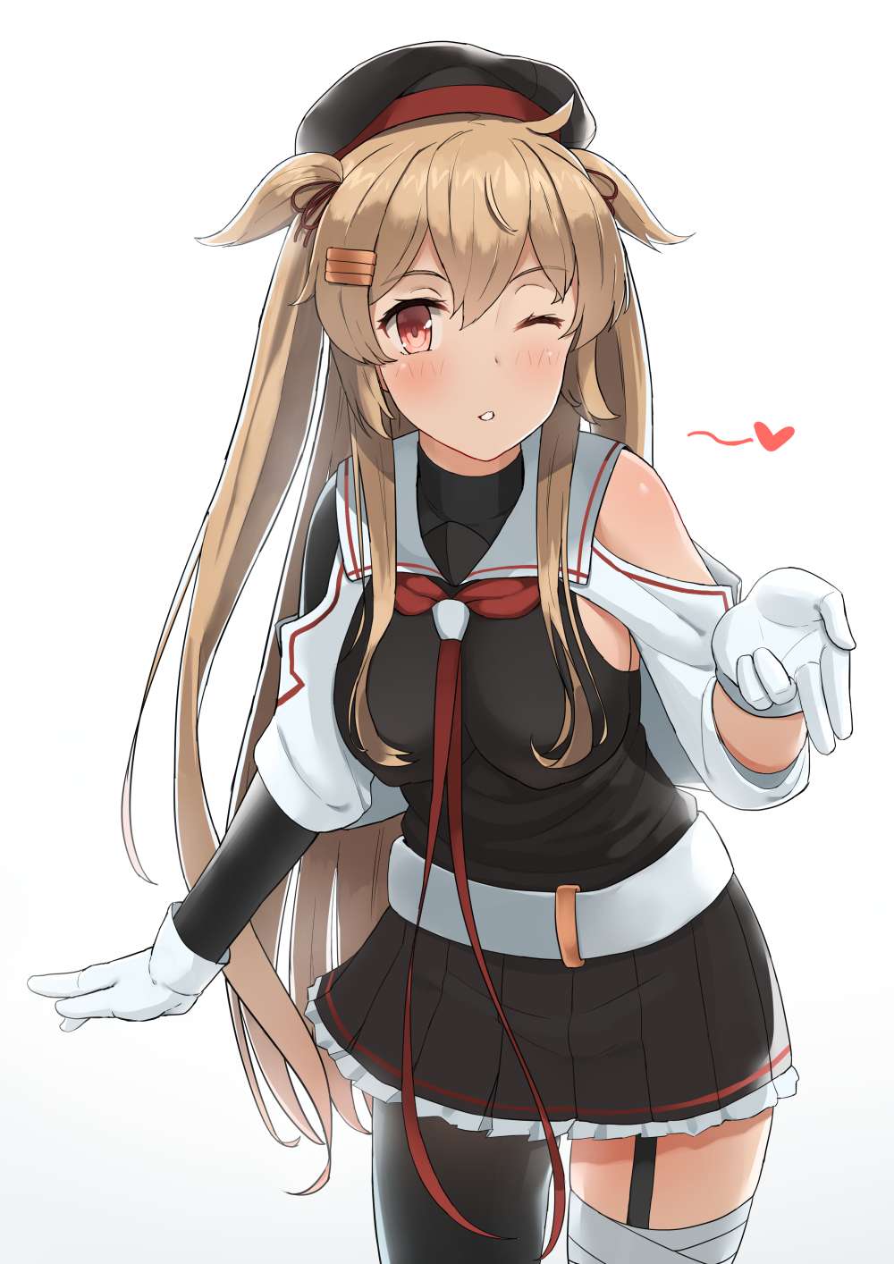 1girl bangs belt black_legwear black_shirt black_skirt blonde_hair blush breasts commentary_request eyebrows_visible_through_hair gloves hair_flaps heart highres kantai_collection large_breasts leaning_forward long_hair looking_at_viewer murasame_(kantai_collection) neck_ribbon one_eye_closed parted_lips pleated_skirt red_eyes red_neckwear red_ribbon revision ribbon shirt simple_background skirt soil_chopsticks solo standing very_long_hair white_background white_gloves