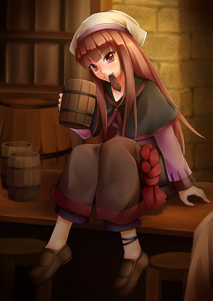 1girl ankle_ribbon bar bar_stool barrel brick_wall capelet countertop dress fang grin hat head_tilt holo indoors kirishima_itsuki layered_dress loafers long_hair long_sleeves looking_at_viewer mouth_hold red_eyes redhead ribbon rope shelf shoes sitting sitting_on_object smile solo spice_and_wolf stool tankard