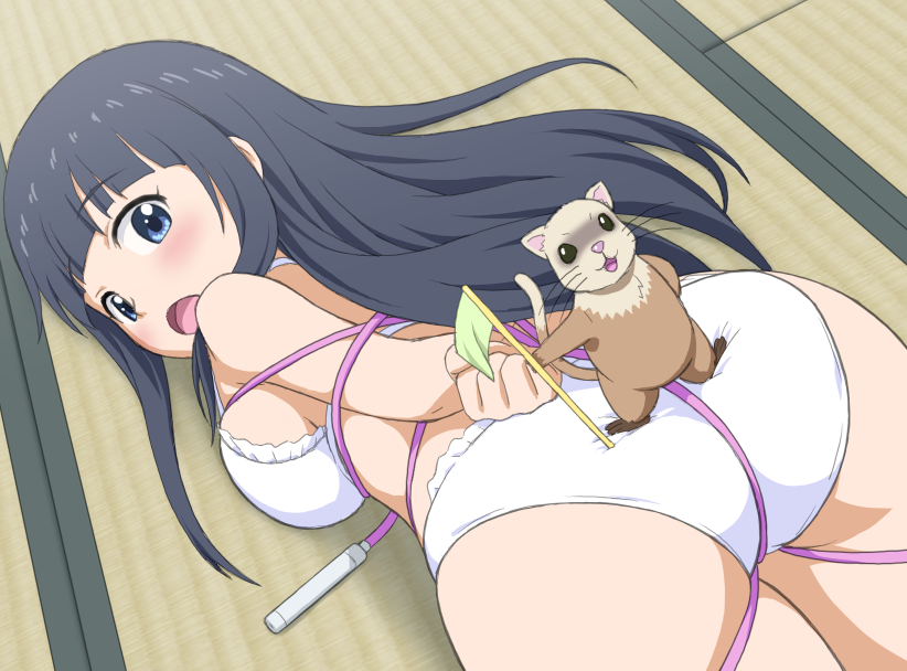 1girl andalucia anitore!_ex arms_behind_back ass bdsm black_hair blue_eyes blush bondage bound bound_wrists bra flag jump_rope kosyooka long_hair on_floor open_mouth panties saotome_shizuno tatami tied_up underwear weasel white_bra white_panties