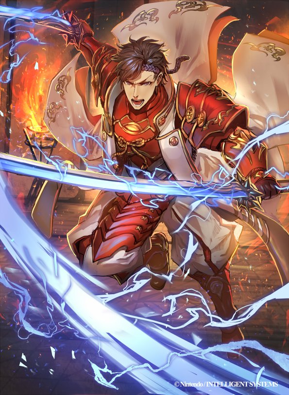 1boy armor armored_boots boots brown_hair coat company_name dual_wielding electricity fire fire_emblem fire_emblem_cipher fire_emblem_if gauntlets gloves grey_eyes headband holding holding_sword holding_weapon lightning long_coat makaij male_focus official_art open_mouth pants raijintou_(sword) red_armor serious shinonome_(fire_emblem_if) solo sword teeth weapon white_coat white_pants