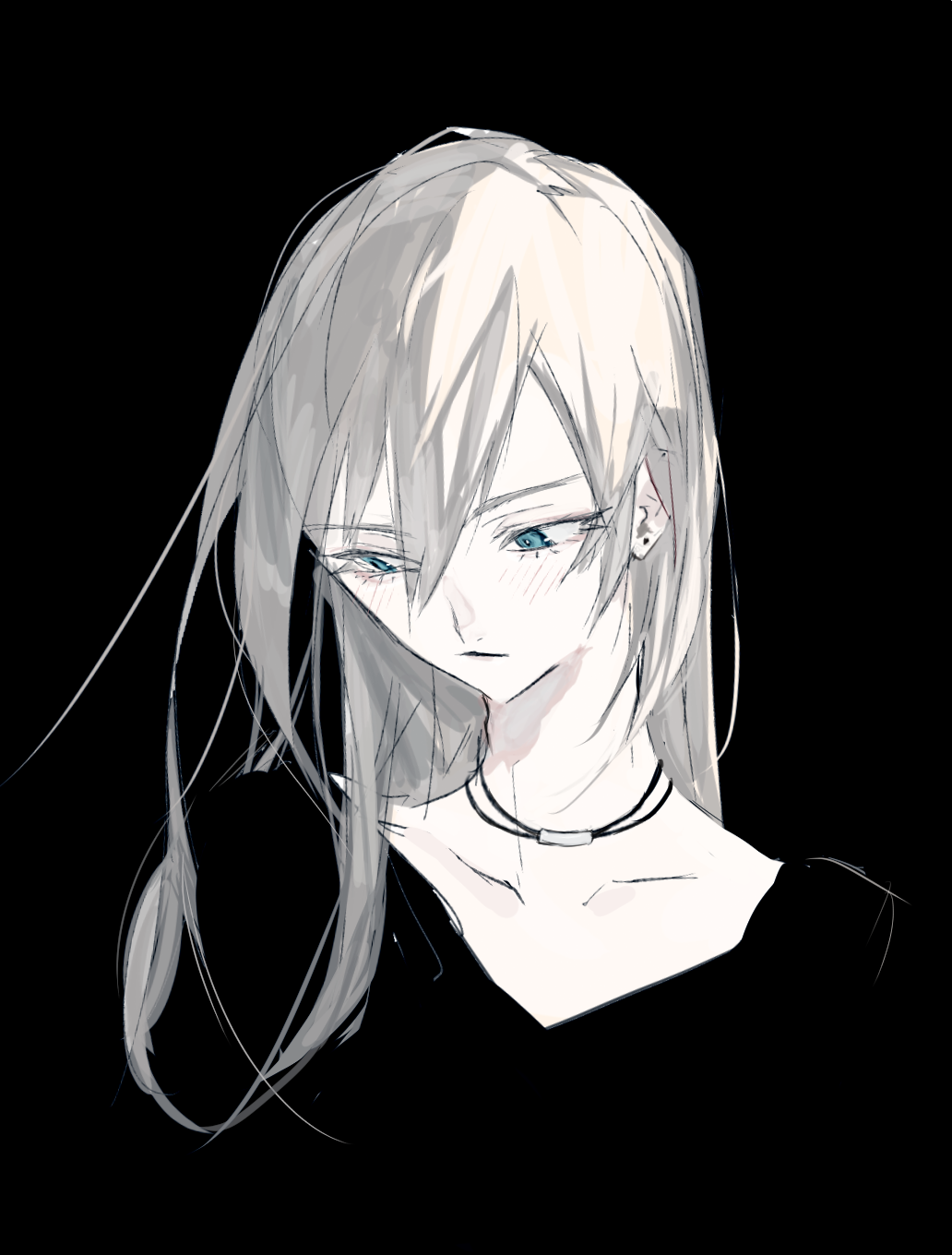 1girl bangs black_background black_shirt blue_eyes closed_mouth collarbone earrings eyelashes hair_between_eyes highres jewelry long_hair looking_down necklace original ozyako shirt simple_background solo upper_body white_hair