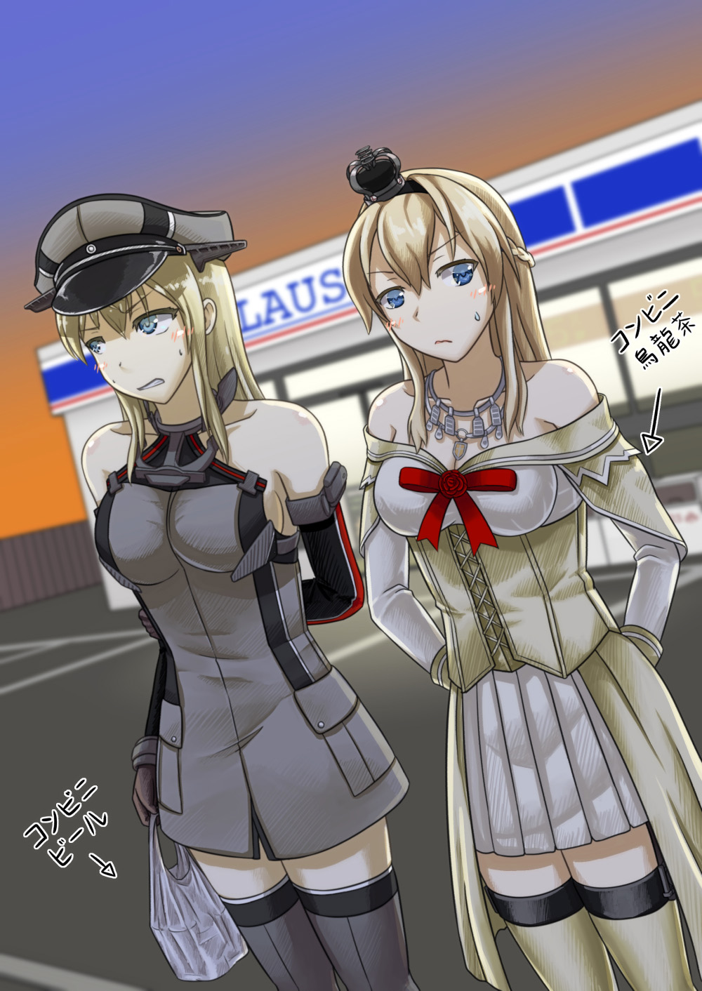 2girls bismarck_(kantai_collection) blonde_hair blue_eyes braid convenience_store crown detached_sleeves dress dutch_angle french_braid grey_legwear halcyon_(halcyon90) hat highres jewelry kantai_collection lawson long_hair military_hat mini_crown multiple_girls necklace off-shoulder_dress off_shoulder peaked_cap shop standing thigh-highs translation_request warspite_(kantai_collection) white_legwear