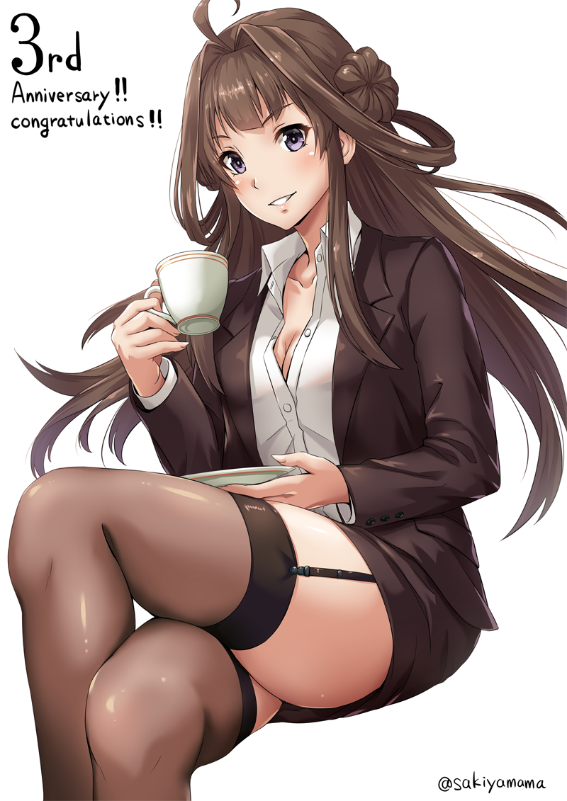 1girl ahoge anniversary artist_name bangs blunt_bangs blush breasts brown_hair brown_jacket brown_legwear brown_skirt buckle buttons cleavage collarbone collared_shirt cup dress_shirt english fingernails formal garter_straps hair_intakes holding holding_cup jacket kantai_collection kongou_(kantai_collection) legs_crossed long_fingernails long_hair looking_at_viewer office_lady open_clothes open_jacket pencil_skirt sakiyamama saucer shirt simple_background sitting skirt small_breasts solo suit teacup text thigh-highs thighs very_long_hair violet_eyes white_background white_shirt zettai_ryouiki