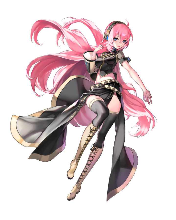 1girl blue_eyes boots breasts cleavage cross-laced_footwear imp_(sksalfl132) lace-up_boots long_hair megurine_luka navel pink_hair skirt smile thigh-highs very_long_hair vocaloid
