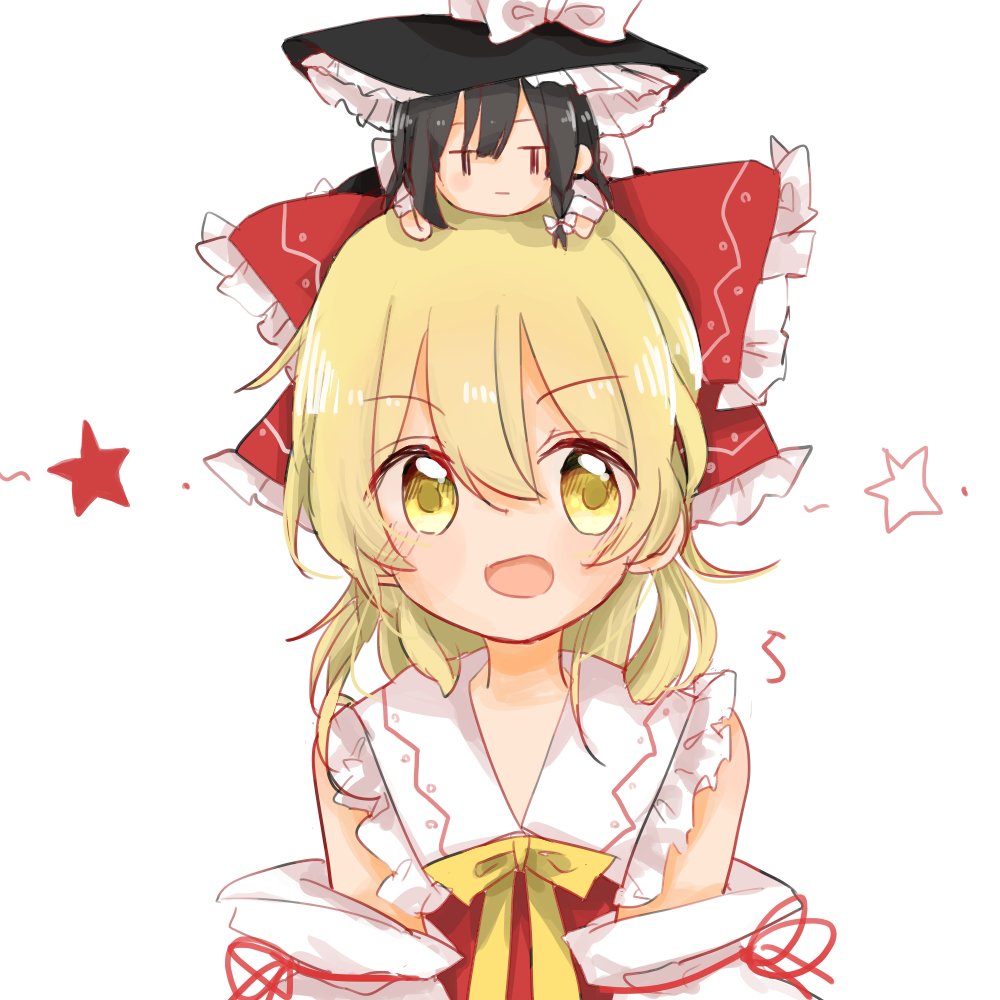 2girls :d bare_shoulders black_hair bow cosplay costume_switch detached_sleeves hair_bow hakurei_reimu hakurei_reimu_(cosplay) hat jitome kirisame_marisa kirisame_marisa_(cosplay) kosencha long_hair looking_at_viewer minigirl multiple_girls open_mouth person_on_head smile star touhou witch_hat yellow_eyes