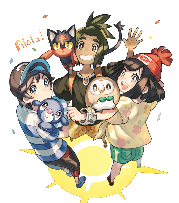 1girl 2boys animal animal_on_arm animal_on_shoulder bangs bangs_pinned_back baseball_cap beanie black_hair black_hat black_shirt brown_eyes capri_pants carrying confetti dark_skin dark_skinned_male female_protagonist_(pokemon_sm) floral_print from_above green_shorts grey_eyes hair_ornament hairclip hat hau_(pokemon) litten_(pokemon) looking_at_viewer male_protagonist_(pokemon_sm) multiple_boys open_mouth pants pokemon pokemon_(creature) pokemon_(game) pokemon_sm popplio red_hat rowlet shirt short_hair short_shorts shorts sila_taki simple_background smile striped striped_shirt swept_bangs t-shirt tied_shirt topknot waving white_background wide_sleeves yellow_shorts z-ring