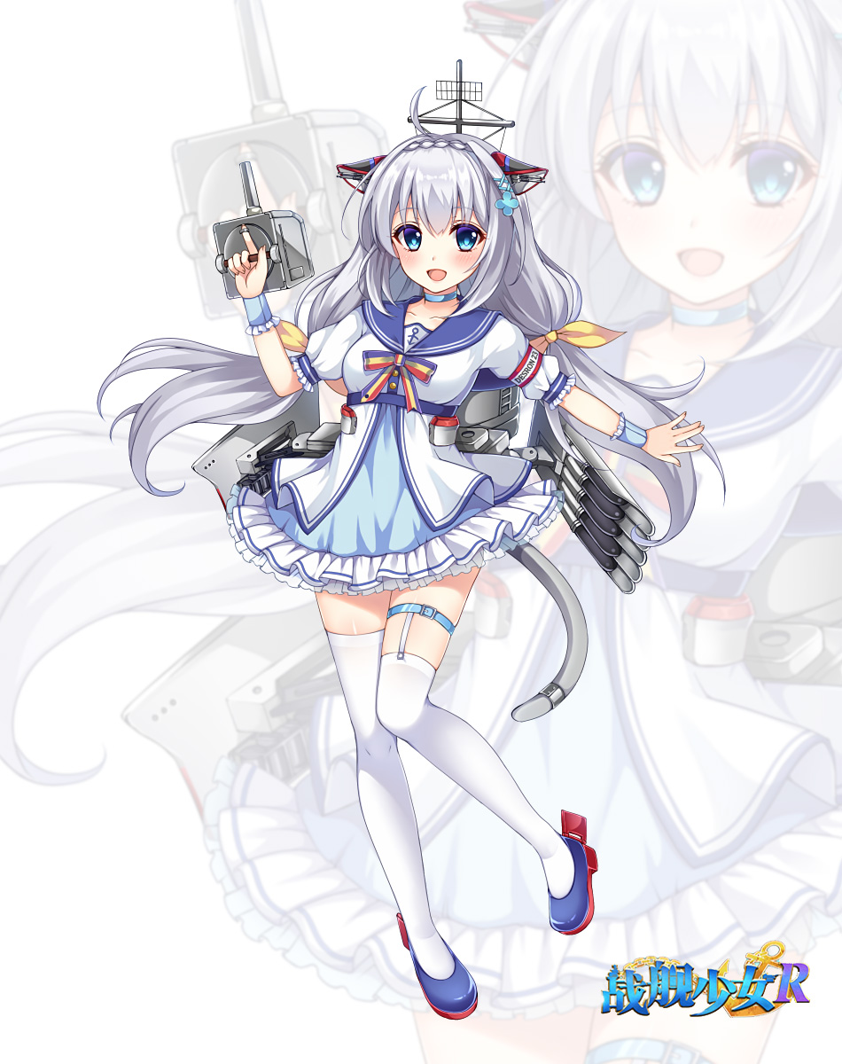1girl :d anchor_symbol animal_ears arm_up armband asymmetrical_legwear blue_dress blue_eyes blue_shoes blush braid breasts buttons cannon choker claxton_(zhan_jian_shao_nyu) clover_hair_ornament copyright_name crown_braid dress fake_animal_ears frilled_dress frilled_sleeves frills full_body hair_ornament hairclip hasu_(velicia) highres holding holding_weapon long_hair looking_at_viewer low-tied_long_hair machinery official_art open_mouth pigeon-toed puffy_short_sleeves puffy_sleeves ribbon rudder_shoes sailor_collar shoes short_sleeves silver_hair skindentation smile solo standing standing_on_one_leg tail thigh-highs thigh_strap torpedo turret vest weapon white_legwear white_vest wrist_cuffs x_hair_ornament yellow_ribbon zettai_ryouiki zhan_jian_shao_nyu zoom_layer