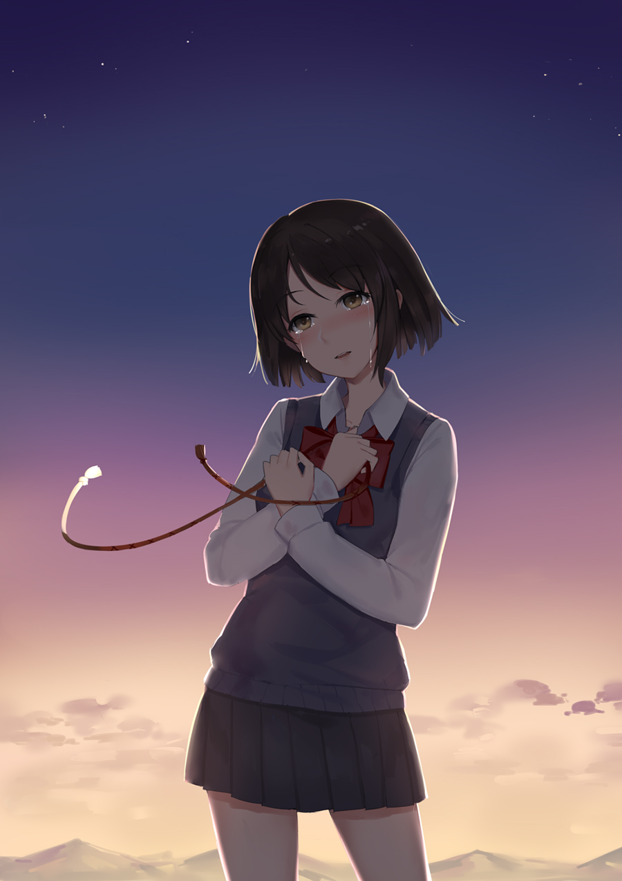 1girl black_skirt blush bow bowtie brown_eyes brown_hair clouds collarbone collared_shirt contrapposto cowboy_shot crying crying_with_eyes_open evening eyebrows_visible_through_hair highres holding kimi_no_na_wa long_sleeves miyamizu_mitsuha outdoors pleated_skirt red_bow red_bowtie shirt short_hair skirt star_(sky) sunset sweater_vest tears white_shirt wing_collar yingji_(zszero)
