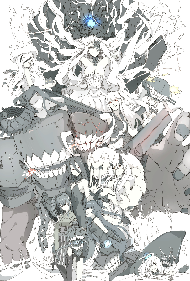 6+girls absurdly_long_hair abyssal_jellyfish_hime ahoge aircraft_carrier_hime ancient_destroyer_oni bare_shoulders battleship_hime black_hair bonnet breasts chains cleavage collar cuffs double_bun dress drill_hair floating_hair grin heavy_cruiser_hime hime_cut horns jacket japanese_clothes kantai_collection kimono large_breasts light_cruiser_oni long_hair looking_at_viewer looking_back midriff multicolored_hair multiple_girls navel ninimo_nimo no_eyebrows open_clothes open_jacket orange_eyes partially_submerged red_eyes sailor_collar seaplane_tender_water_hime shackles shinkaisei-kan short_hair_with_long_locks side_ponytail smile standing standing_on_liquid streaked_hair submarine_hime submerged tail teeth tentacle torn_clothes very_long_hair waving wavy_hair white_hair white_skin wo-class_aircraft_carrier yellow_eyes