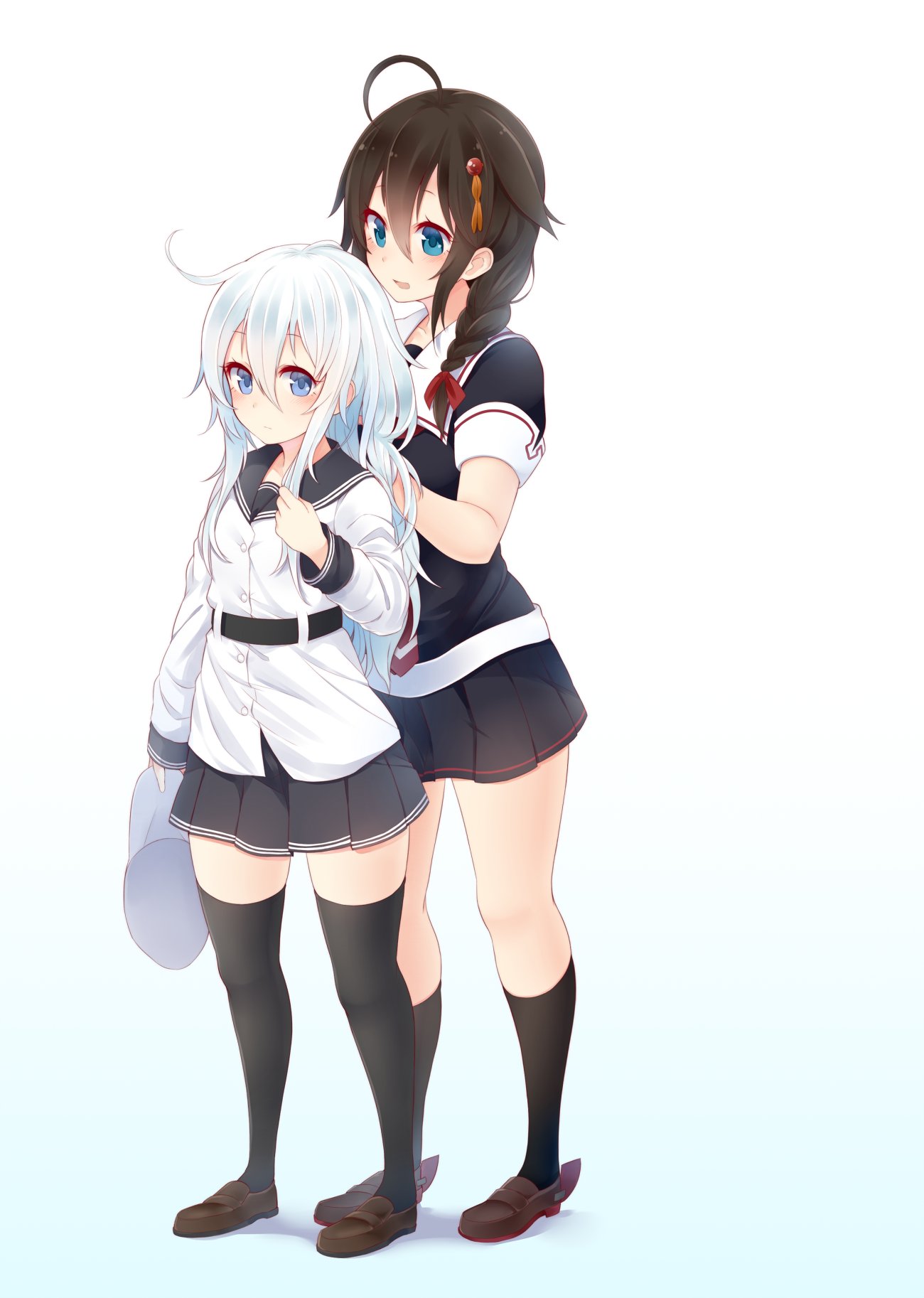 2girls ahoge black_hair black_legwear black_shirt black_skirt blue_eyes braid brown_shoes closed_mouth collarbone eyebrows_visible_through_hair full_body hair_between_eyes hair_flaps hair_ornament hand_in_another's_hair hand_in_hair hat hat_removed headwear_removed height_difference hibiki_(kantai_collection) highres jacket kantai_collection long_hair long_sleeves looking_at_another looking_back makiya_1919 multiple_girls necktie open_mouth pleated_skirt red_necktie remodel_(kantai_collection) rudder_shoes school_uniform serafuku shadow shigure_(kantai_collection) shirt shoes short_sleeves simple_background skirt socks thigh-highs verniy_(kantai_collection) white_background white_hair white_jacket