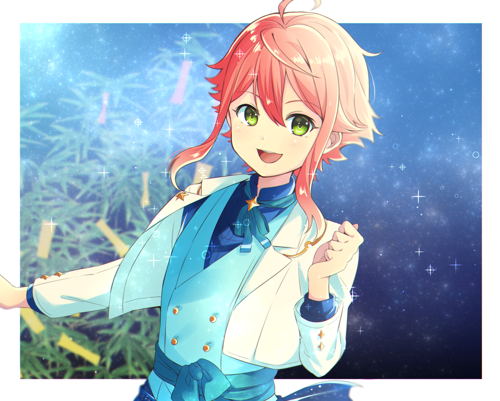 1boy ahoge clenched_hand double-breasted ensemble_stars! green_eyes hair_between_eyes himemiya_touri jacket looking_at_viewer male_focus open_clothes open_jacket pink_hair sash sky smile solo star_(sky) starry_sky tanabata tanzaku waistcoat yukichi_(eikichi)