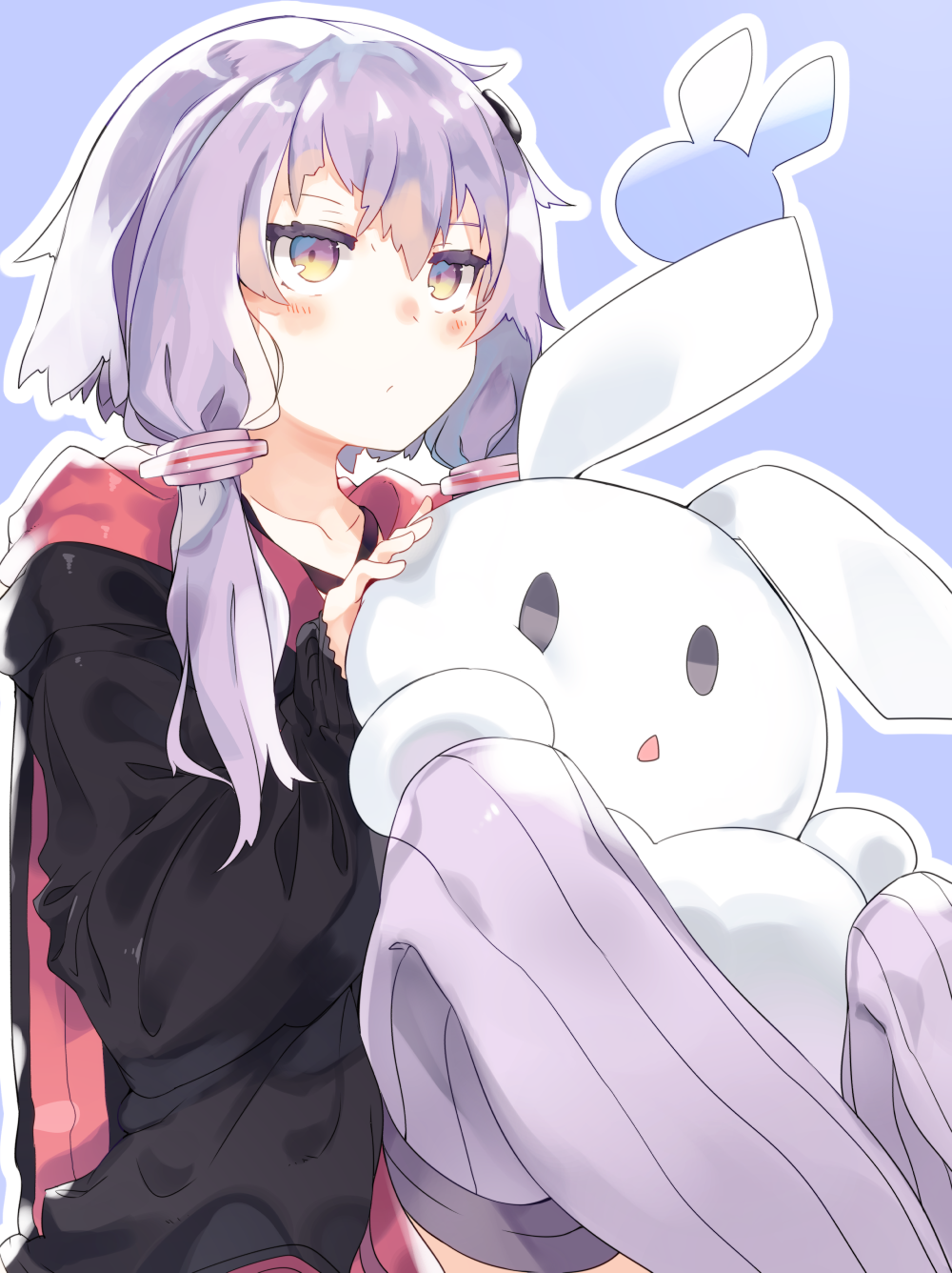 1girl animal_hood blush bunny_hood highres hood knees_up long_hair purple_hair rabbit simple_background sitting solo stuffed_animal stuffed_bunny stuffed_toy vocaloid voiceroid yuzuki_yukari