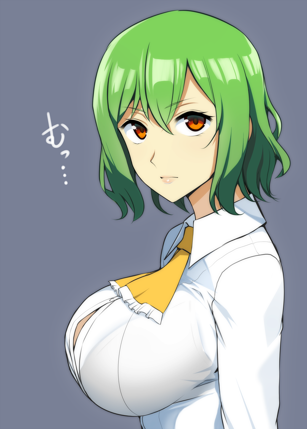 1girl ascot breasts bursting_breasts commentary_request from_side green_hair grey_background hair_between_eyes highres impossible_clothes impossible_shirt kazami_yuuka large_breasts lipstick long_sleeves looking_at_viewer makeup mattari_yufi red_eyes shirt short_hair simple_background solo touhou translation_request upper_body white_shirt