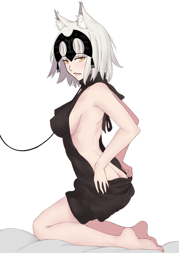 1girl animal_ears ass back barefoot blonde_hair breasts cat_ears fate/grand_order fate_(series) from_side headpiece illusionk jeanne_alter kemonomimi_mode kneeling leash light_smile looking_at_viewer medium_breasts no_panties on_bed open_back ruler_(fate/apocrypha) short_hair sideboob solo turtleneck undressing white_background yellow_eyes