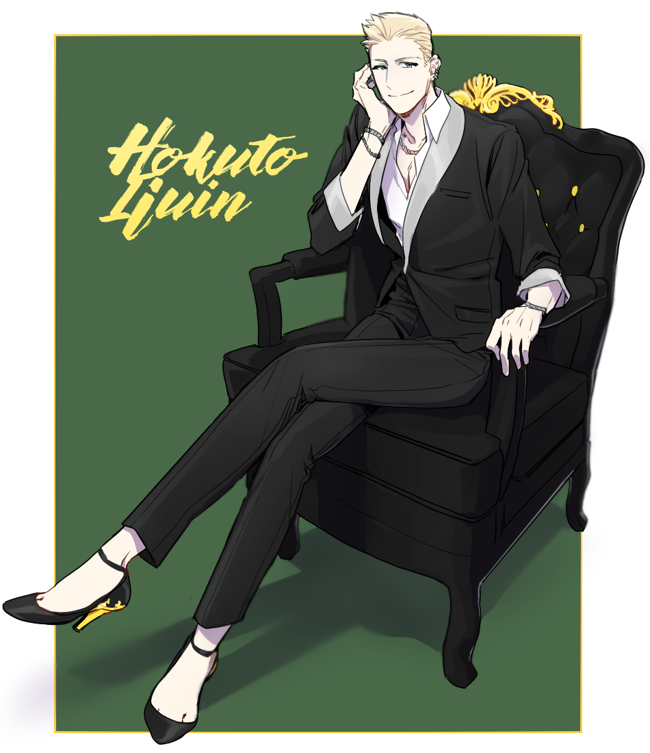 1boy aniki_(chaji1129) blackish_961sp blonde_hair blue_eyes chair character_name closed_mouth earrings full_body green_background high_heels idolmaster idolmaster_side-m ijuuin_hokuto jewelry looking_at_viewer male_focus quiff sitting smile solo square