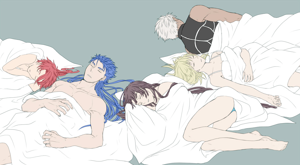 2girls 3boys alexander_(fate/grand_order) archer blanket blue_panties character_request closed_eyes fate/grand_order fate/stay_night fate_(series) hair_down lancer lying multiple_boys multiple_girls on_back on_side ooga panties pillow saber sleeping under_covers underwear ushiwakamaru_(fate/grand_order)