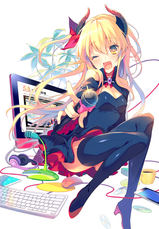 1girl :3 ;d black_dress blonde_hair blush boots bow cable cape cd coffee_cup cup demon_horns dress fang hair_ornament hair_ribbon headphones high_heel_boots high_heels horns keyboard long_hair looking_at_viewer maou_haishinchuu!? microphone monitor mouse mousepad one_eye_closed open_mouth original plant reia ribbon simple_background smile solo star star-shaped_pupils symbol-shaped_pupils thigh-highs thigh_boots two_side_up white_background yellow_eyes