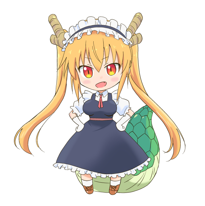 1girl blonde_hair blush_stickers breasts brown_shoes chibi dragon_girl dragon_tail fang female full_body gloves hands_on_hips horns kobayashi-san_chi_no_maidragon looking_at_viewer maid maid_headdress necktie open_mouth red_necktie shirakawa_mayumi shoes skirt slit_pupils solo tail tooru_(maidragon) twintails white_background white_legwear yellow_eyes
