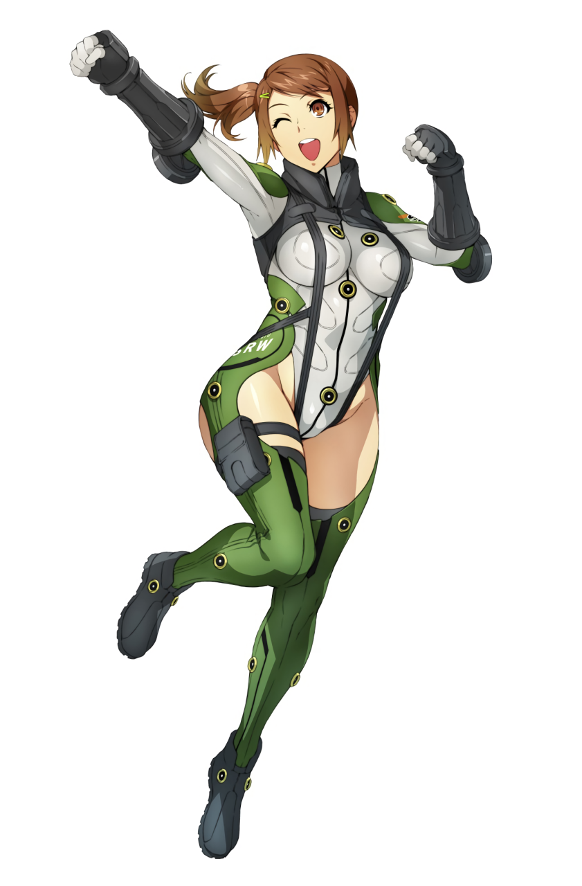 1girl arms_up bodysuit brown_eyes brown_hair clenched_hands full_body gloves hair_ornament hairclip highres long_hair olive_oppert one_eye_closed open_mouth round_teeth side_ponytail simple_background solo super_robot_wars super_robot_wars_x-omega suspenders teeth white_background