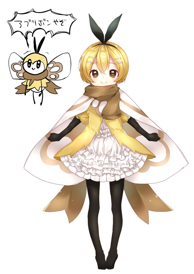 1girl antennae arare_mochiko bangs black_gloves black_legwear black_ribbon blonde_hair blush brown_eyes brown_scarf closed_mouth dress elbow_gloves eyebrows_visible_through_hair flying frilled_dress frills gloves hair_between_eyes hair_ornament hairband hairclip insect insect_wings jacket knees_apart_feet_together looking_at_viewer moemon pantyhose personification pigeon-toed pokemon pokemon_(game) pokemon_sm ribbon ribombee short_hair short_sleeves simple_background smile standing white_background white_dress wings yellow_jacket