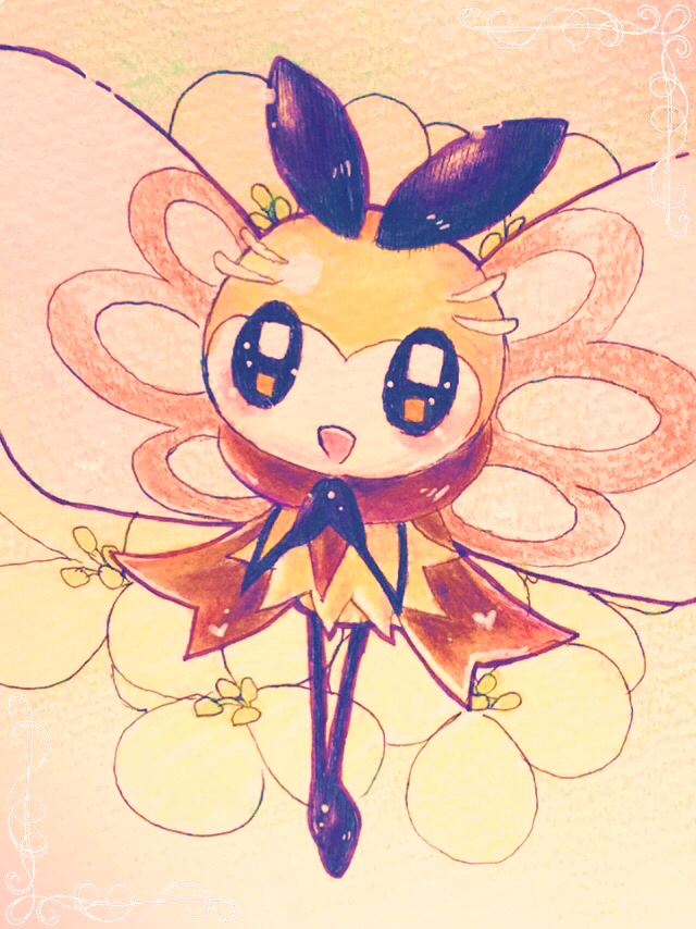 :d aije antennae blush brown_scarf feet_together flower hands_together insect insect_wings looking_at_viewer no_humans open_mouth pokemon pokemon_(creature) pokemon_(game) pokemon_sm ribombee scarf smile solo sparkling_eyes wings