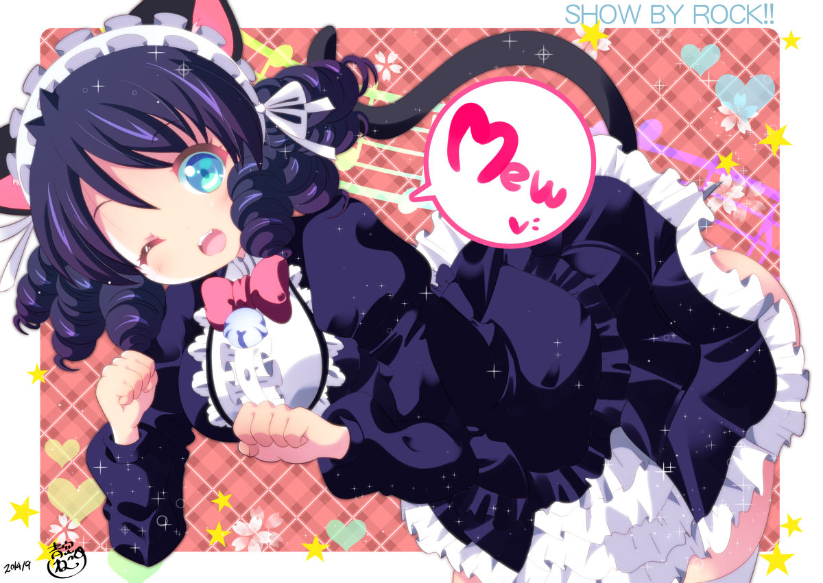 1girl ;d animal_ears animal_tail artist_request blue_eyes blue_hair bow cat_ears cat_tail curly_hair cyan_(show_by_rock!!) dress frills jingle_bell nekomimi open_mouth pinafore short_hair show_by_rock!! solo source_request stockings tagme thighhighs white_legwear