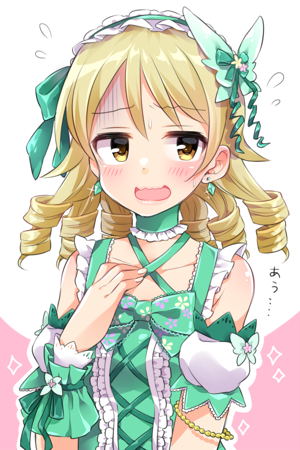 1girl blonde_hair blush bow brown_eyes choker cross-laced_clothes detached_sleeves drill_hair earrings flying_sweatdrops frills hair_bow hair_ornament hairband hand_on_own_chest idolmaster idolmaster_cinderella_girls jewelry long_hair looking_away mio_(mgr300) morikubo_nono open_mouth short_hair solo sweat upper_body wavy_mouth wrist_cuffs