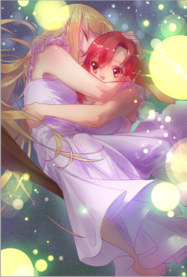 2girls airrabbityan barefoot blonde_hair breasts broom broom_riding cleavage closed_eyes flying frilled_negligee hand_on_another's_head hug izetta light_particles long_hair multiple_girls nightgown open_mouth ortfine_fredericka_von_eylstadt red_eyes redhead shiny shiny_skin short_hair shuumatsu_no_izetta yuri