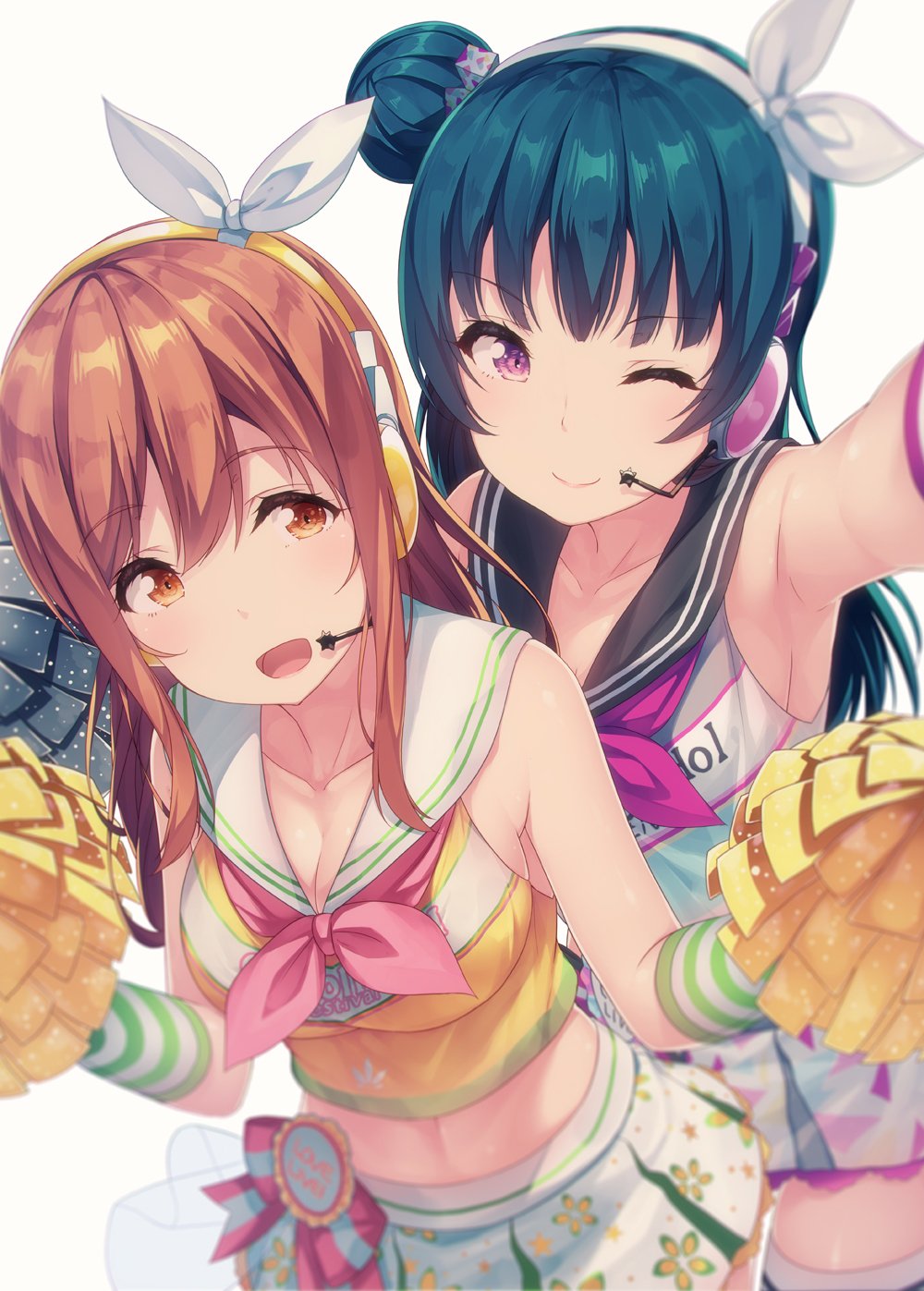 2girls :d ;) arm_up armpits bangs blue_hair blurry bow breasts brown_eyes brown_hair cheerleader cleavage commentary_request crop_top depth_of_field elbow_gloves gloves hair_ribbon headset highres kunikida_hanamaru long_hair looking_at_viewer looking_to_the_side love_live! love_live!_sunshine!! medium_breasts midriff miniskirt multiple_girls neckerchief one_eye_closed open_mouth pom_poms ribbon sailor_collar side_bun siva_(executor) skirt sleeveless smile tsushima_yoshiko