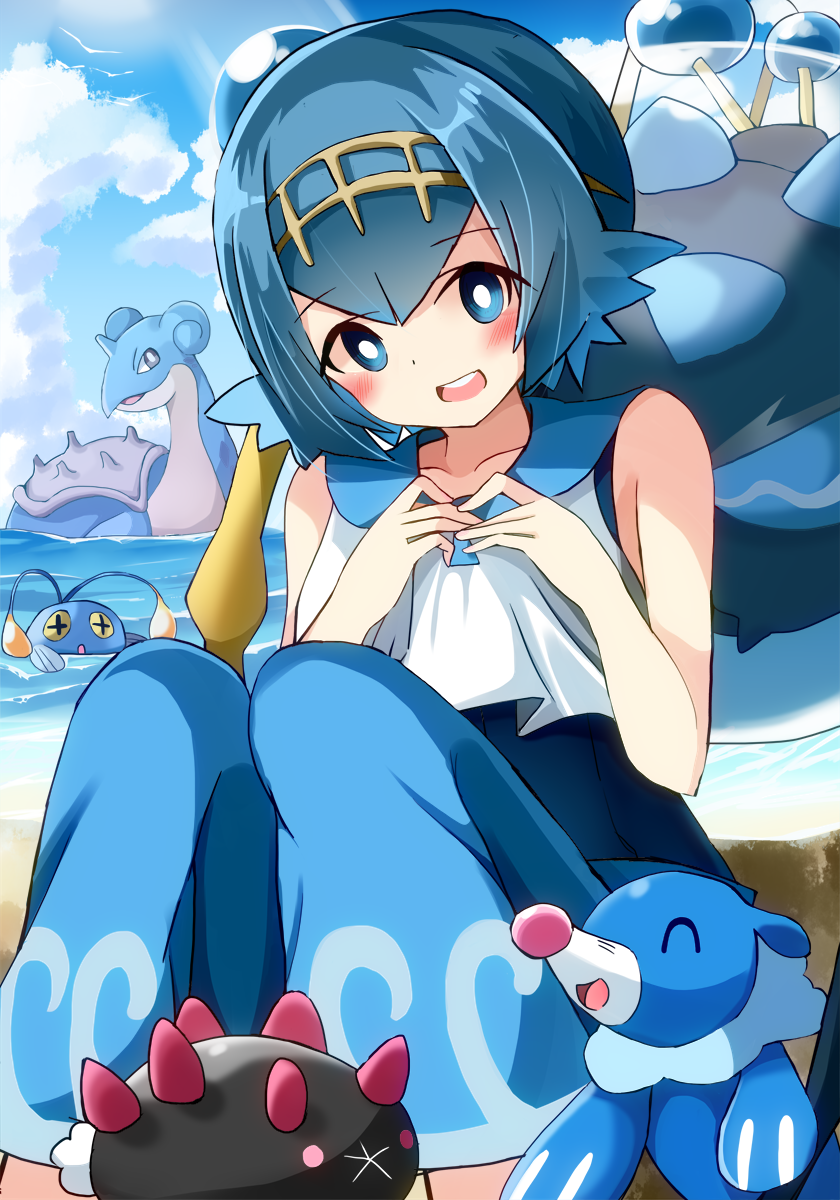 1girl araquanid beach blue_eyes blue_hair blue_pants blue_sky blush bright_pupils chinchou clouds day hairband hidaka0503 highres lapras looking_at_viewer ocean one-piece_swimsuit open_mouth pants pokemon pokemon_(creature) pokemon_(game) pokemon_sm popplio pyukumuku sailor_collar sand short_hair sky suiren_(pokemon) swimsuit swimsuit_under_clothes trial_captain water