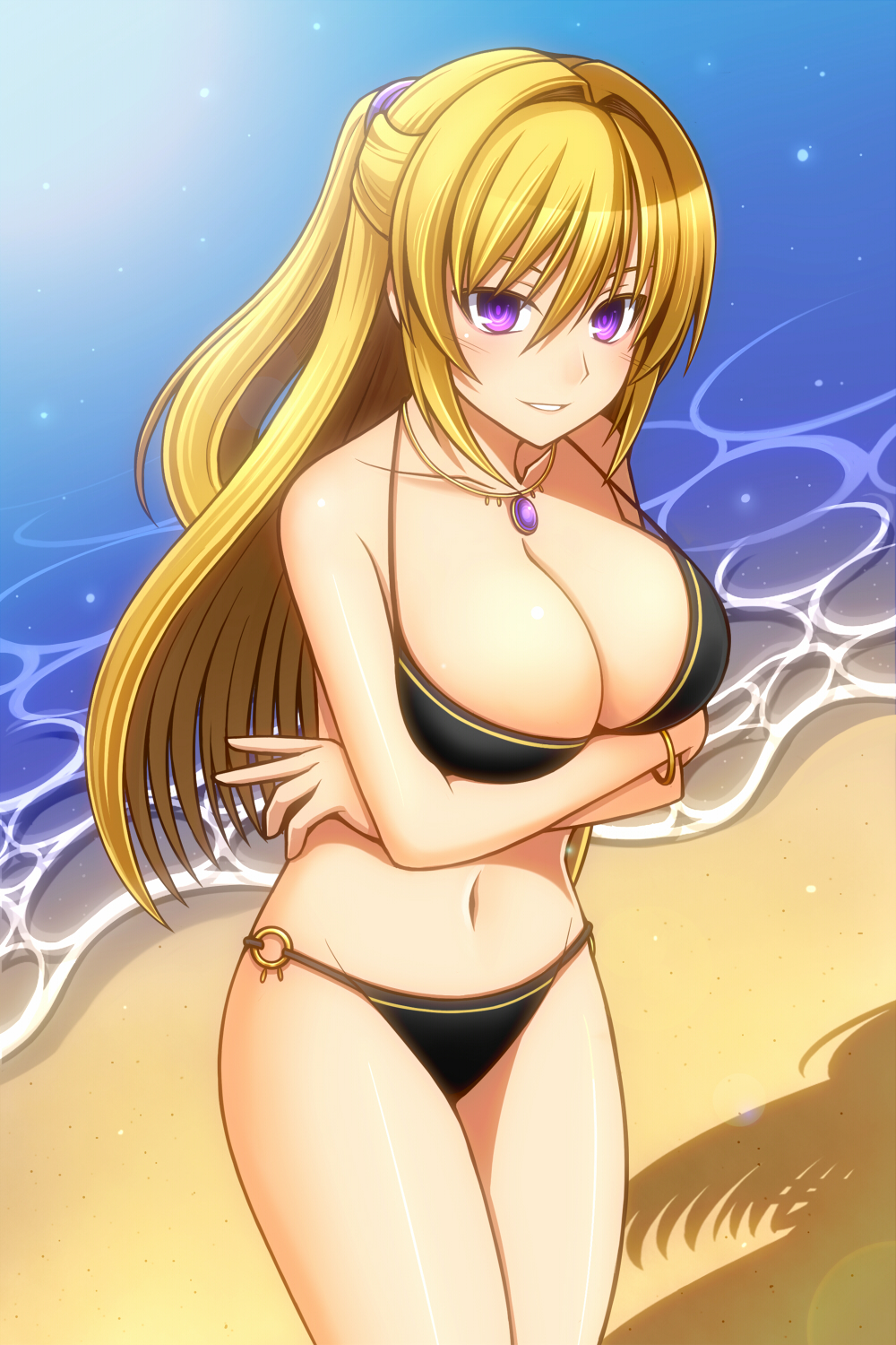 1girl bangs beach bikini black_bikini blonde_hair blush bracelet breasts cleavage commentary crossed_arms gem hair_between_eyes half_updo highres hizuki_rei jewelry large_breasts leaning_forward letterboxed long_hair looking_at_viewer necklace o-ring_bikini ocean original revision shade shiny shiny_skin smile solo standing swimsuit teeth thighs tree_shade violet_eyes