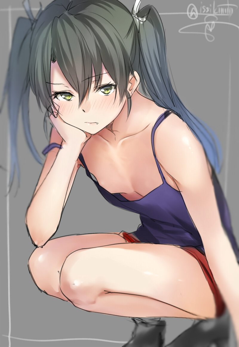 1girl alternate_costume blush breasts camisole chin_rest collarbone fang green_eyes green_hair grey_background hair_between_eyes hair_ribbon isshiki_(ffmania7) kantai_collection matching_hair/eyes ribbon small_breasts solo squatting strap_slip tied_hair twintails twitter_username zuikaku_(kantai_collection)