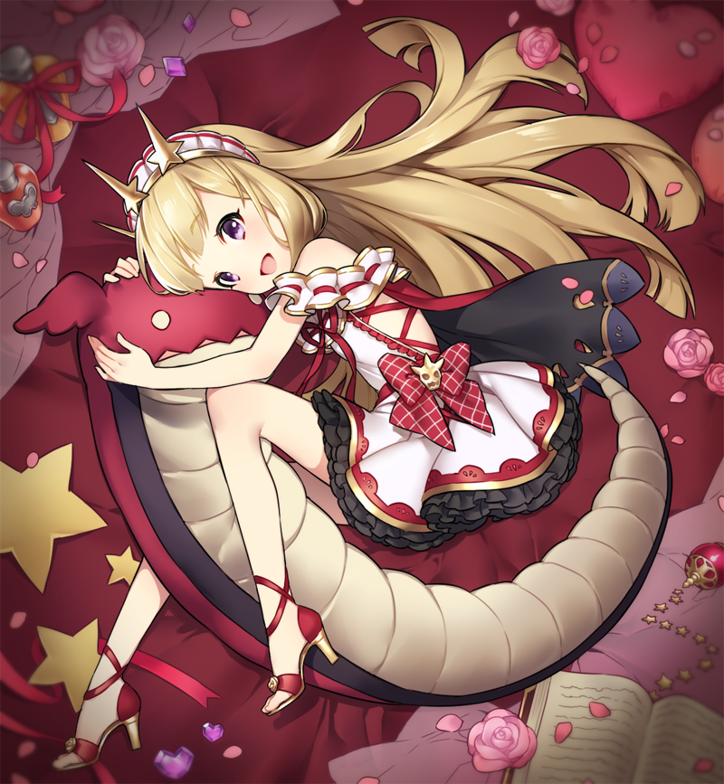 1girl :d bangs blonde_hair book bottle bow cagliostro_(granblue_fantasy) character_doll crown dress eyebrows_visible_through_hair flower frills gem granblue_fantasy hairband heart heart_pillow high_heels long_hair looking_at_viewer lying object_hug on_side open_mouth open_toe_shoes ouroboros_(granblue_fantasy) perfume_bottle petals pillow pink_rose ribbon rose shoes smile solo star stuffed_animal stuffed_dragon stuffed_toy violet_eyes white_dress zn_(zzzzzni)