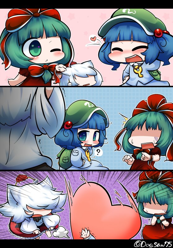 1girl 3koma ? animal_ears blush bow comic green_hair hair_bobbles hair_bow hair_ornament hat inubashiri_momiji inunoko. jealous kagiyama_hina kawashiro_nitori open_mouth short_hair signature smile throwing tokin_hat touhou white_hair wolf_ears yuri