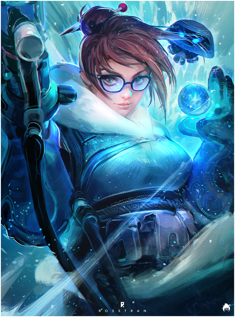 1girl artist_name bangs beads black-framed_eyewear blue_background blue_gloves breasts brown_eyes brown_hair coat drone floating fur_coat fur_trim glasses gloves hair_bun hair_ornament hair_stick holding holding_weapon ice large_breasts light_smile lips looking_at_viewer mei_(overwatch) nose overwatch pouch robot ross_tran short_hair signature snowball_(overwatch) solo upper_body watermark weapon white_border