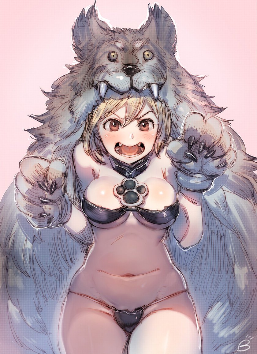 1girl bare_shoulders berserker_(granblue_fantasy) bikini blonde_hair bow_(bhp) breasts brown_eyes djeeta_(granblue_fantasy) fangs gauntlets gloves granblue_fantasy growling medium_breasts midriff navel open_mouth paw_gloves short_hair strapless swimsuit wolf_pelt