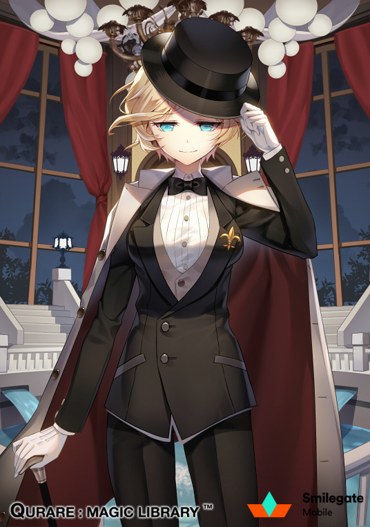 1girl black_bow black_bowtie black_hat black_jacket black_pants blonde_hair blue_eyes bow bowtie buttons cape carchet chandelier character_request company_name copyright_name cowboy_shot curtains fleur_de_lis formal gloves hand_on_headwear hat jacket lamp long_sleeves looking_at_viewer night night_sky official_art pants qurare_magic_library short_hair sky smile solo top_hat walking_stick water watermark white_cape white_gloves window