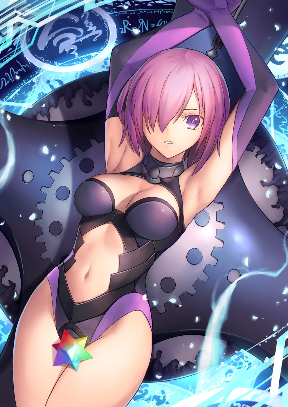 1girl armpits arms_up black_leotard breasts cleavage_cutout cowboy_shot elbow_gloves fate/grand_order fate_(series) gloves glowing hair_over_one_eye highres looking_at_viewer lying medium_breasts navel navel_cutout on_back one_eye_covered parted_lips purple_gloves purple_hair shade shield shielder_(fate/grand_order) short_hair sleeveless solo stellated_octahedron stomach tsuki_suigetsu violet_eyes