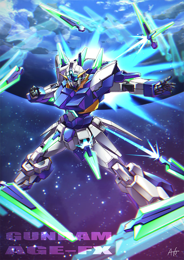 afterimage character_name clenched_hand degarashi_(ponkotsu) earth funnels gundam gundam_age gundam_age-fx mecha no_humans open_hand signature space