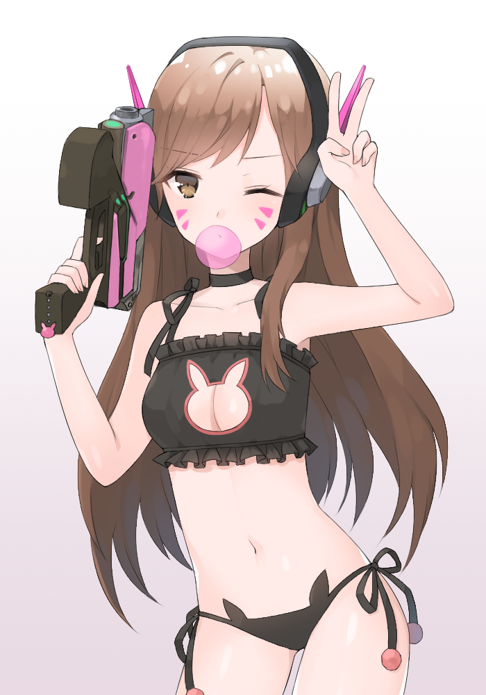 1girl adapted_costume black_bra black_panties bra breasts brown_eyes brown_hair bubblegum canape_(canape0130) cat_cutout cat_ear_panties cat_lingerie charm_(object) choker cleavage_cutout collarbone contrapposto cowboy_shot d.va_(overwatch) eyebrows_visible_through_hair facepaint facial_mark finger_on_trigger frilled_bra frills gradient gradient_background gum gun handgun headphones holding holding_gun holding_weapon long_hair looking_at_viewer navel one_eye_closed overwatch panties pink_background pistol shiny shiny_skin side-tie_panties small_breasts solo underwear underwear_only v weapon whisker_markings white_background