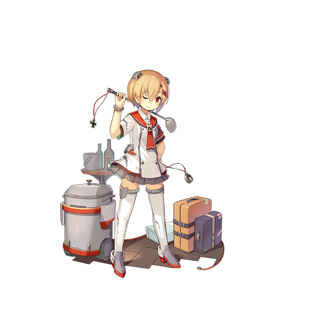 1girl alternate_costume animal_ears armband blonde_hair bottle bracelet breasts bucket buttons closed_mouth double-breasted fake_animal_ears full_body graf_spee_(zhan_jian_shao_nyu) hair_between_eyes hair_ornament hairclip hand_on_hip holding iron_cross jewelry ladle legs_apart lino-lin looking_at_viewer luggage machinery official_art one_eye_closed pleated_skirt red_eyes searchlight short_hair short_sleeves skirt small_breasts smile solo standing table thigh-highs transparent_background vest white_legwear white_vest wine_bottle zettai_ryouiki zhan_jian_shao_nyu